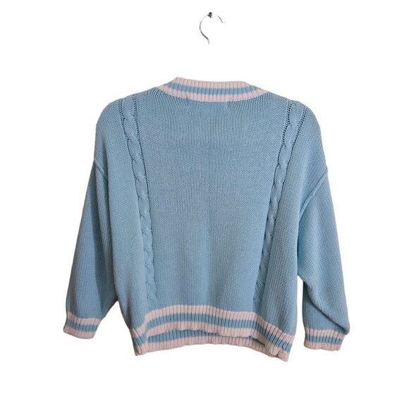 Chaus Vintage Collegiate Preppy Blue White CableKnit Crewneck Sweater Size M - Picture 2 of 4